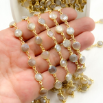 Load image into Gallery viewer, Coated Light Grey Moonstone Round Shape Bezel Gold Plated Wire Chain. CMS113