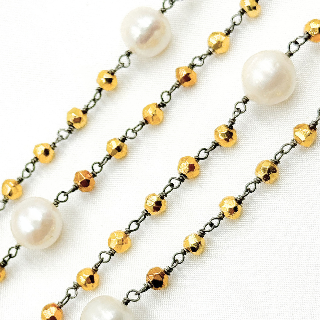 Golden Pyrite & Pearl Oxidized 925 Sterling Silver Wire Chain. PYR63