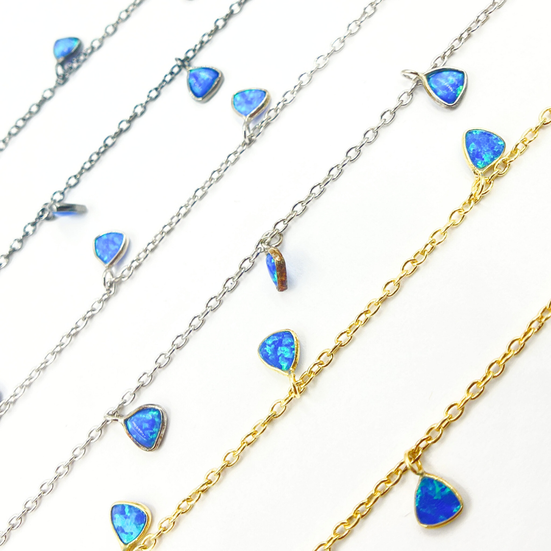 Created Blue Opal Triangle Shape Dangle Chain. CBO2