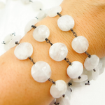 Load image into Gallery viewer, White Moonstone Coin Shape Oxidized Wire Chain. WMS32