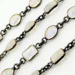 Load image into Gallery viewer, White Moonstone Mix Shape Bezel Oxidized Wire Chain. WMS39