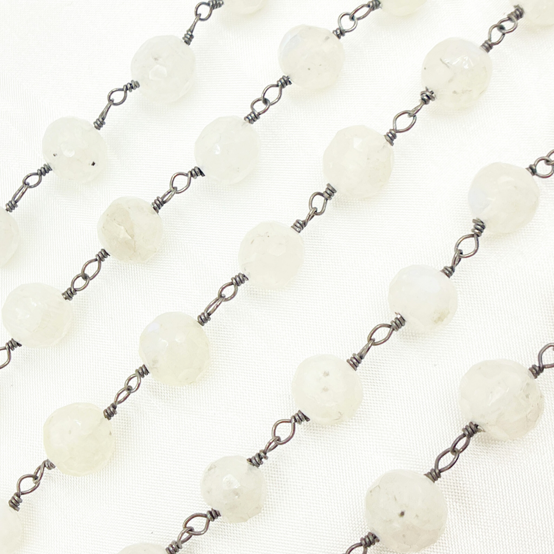 White Moonstone Round Shape Oxidized Wire Chain. WMS31
