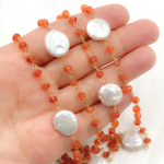 Load image into Gallery viewer, Carnelian & Pearl Round Shape Bezel Gold Plated Wire Chain.