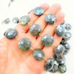 Load image into Gallery viewer, Coated Labradorite Coin Shape Gold Plated Wire Chain. CLB19