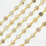 Load image into Gallery viewer, Coated Light Grey Moonstone Round Shape Bezel Gold Plated Wire Chain. CMS113