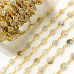 Load image into Gallery viewer, Coated Light Grey Moonstone Round Shape Bezel Gold Plated Wire Chain. CMS113