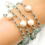 Load image into Gallery viewer, Blue Aqua Chalcedony & Pearl Oxidized 925 Sterling Silver Wire Chain.