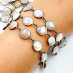 Load image into Gallery viewer, Coated White Moonstone Round Shape Bezel Oxidized Wire Chain. CMS15