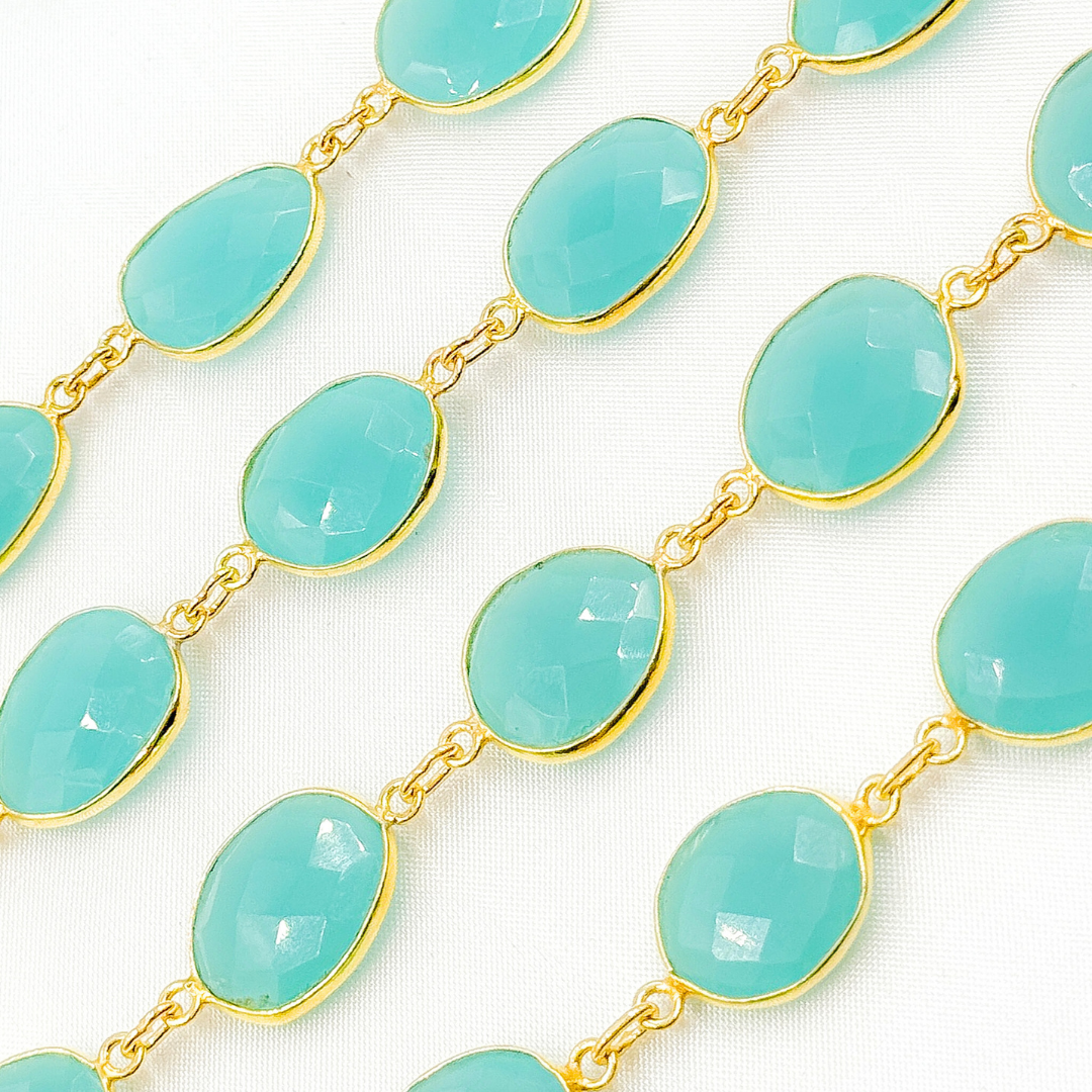 Blue Chalcedony Organic Shape Bezel Gold Plated Wire Chain. BCL8