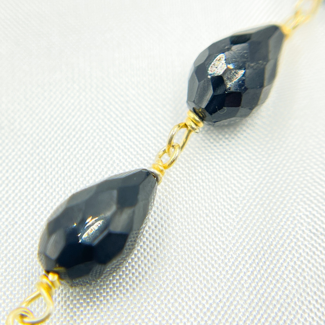 Black Spinel Tear Drop Shape Gold Plated Wire Chain. BSP43
