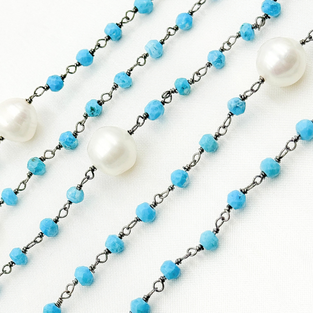 Turquoise & Pearl Oxidized 925 Sterling Silver Wire Chain. TRQ45