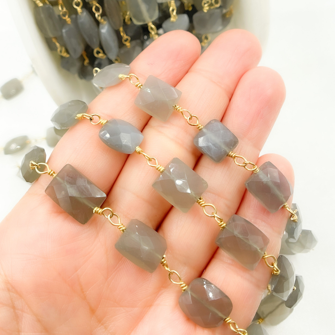 Grey Moonstone Rectangular Shape Gold Plated Wire Chain. MS41