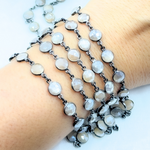 Load image into Gallery viewer, Coated White Moonstone Round Shape Bezel Oxidized Wire Chain. CMS101