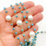 Load image into Gallery viewer, Turquoise & Pearl Gold Plated Wire Chain. TRQ44