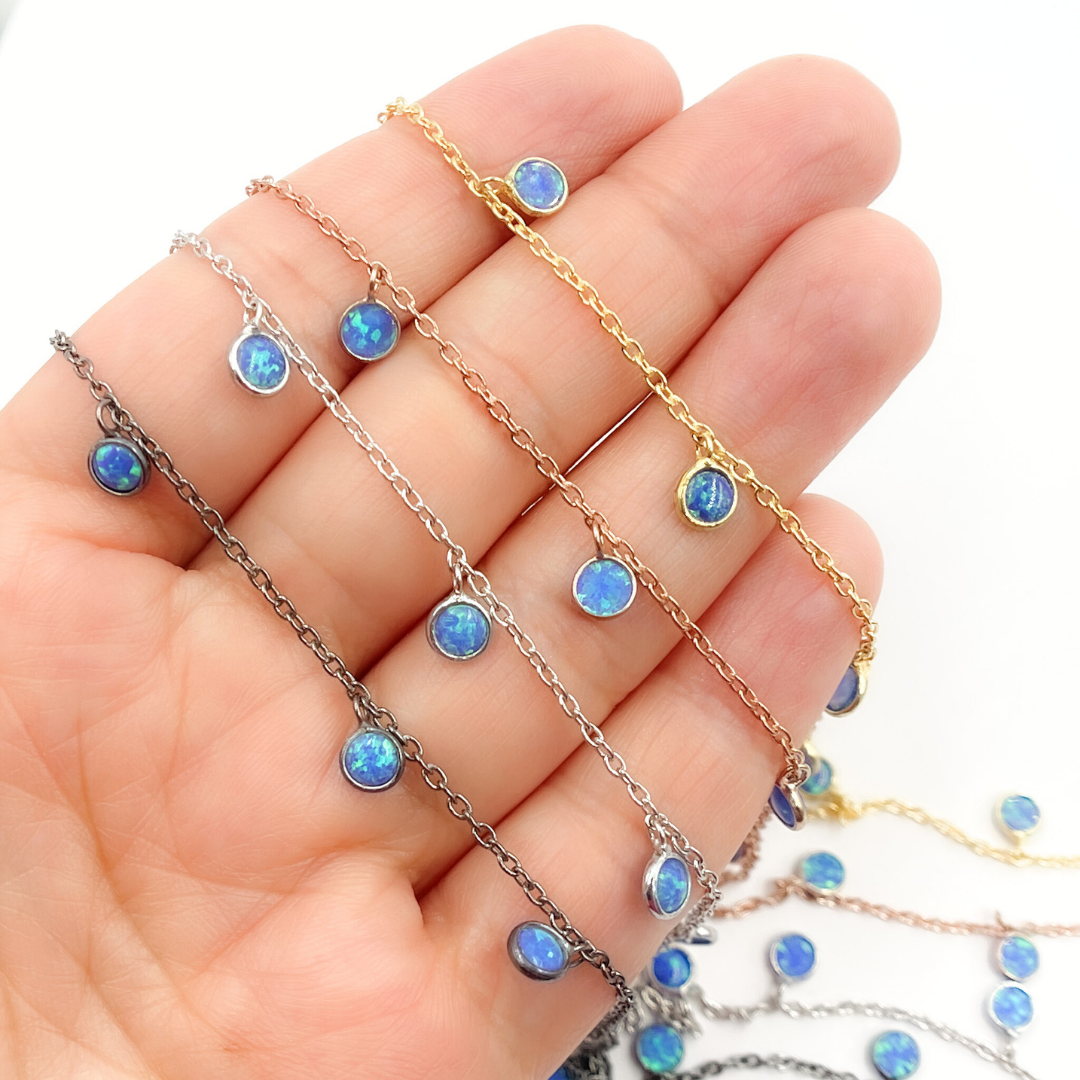 Created Blue Opal Round Shape Dangle Chain. CBO1