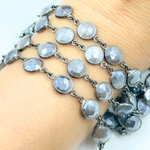 Load image into Gallery viewer, Coated Grey Moonstone Round Shape Bezel Oxidized Wire Chain. CMS104