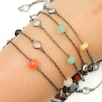 Load image into Gallery viewer, Multi Gemstone Rondel Shape & White Topaz Oxidized Connected Wire Chain.