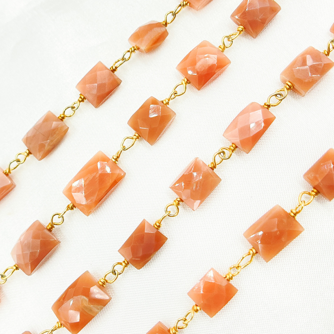 Peach Moonstone Rectangular Shape Gold Plated Wire Chain. MS42