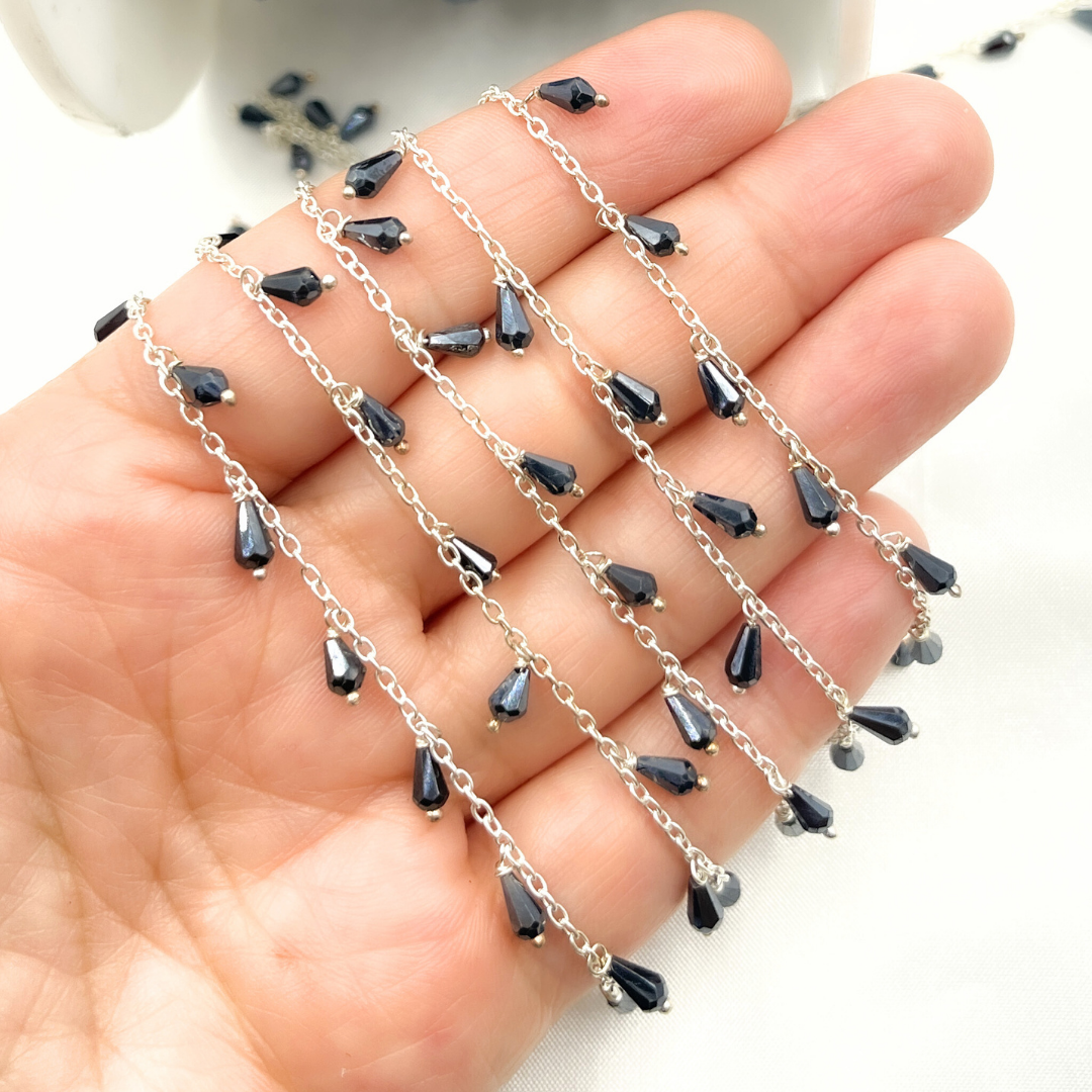 Coated Black Spinel Drop Dangle 925 Sterling Silver Wire Chain. CBS8