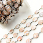 Load image into Gallery viewer, Coated Peach Moonstone Round Shape Bezel Oxidized Wire Chain. CMS111