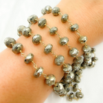 Load image into Gallery viewer, Pyrite Rondel Faceted Gold Plated Wire Chain. PYR54