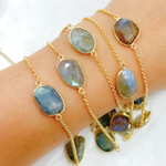 Load image into Gallery viewer, Labradorite Organic Shape Bezel Gold Plated Connected Chain. LAB55