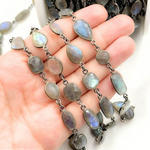 Load image into Gallery viewer, Labradorite Mix Shape Bezel Oxidized Wire Chain. LAB15