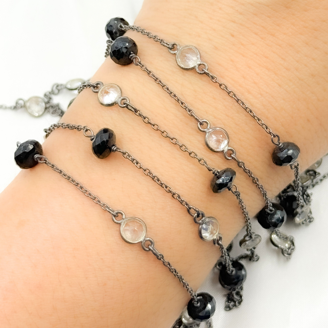 Black Spinel Rondel Shape & White Topaz Oxidized Connected Wire Chain. BSP26