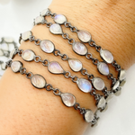 Load image into Gallery viewer, White Moonstone Oval & Pear Shape Bezel Oxidized Wire Chain. WMS8