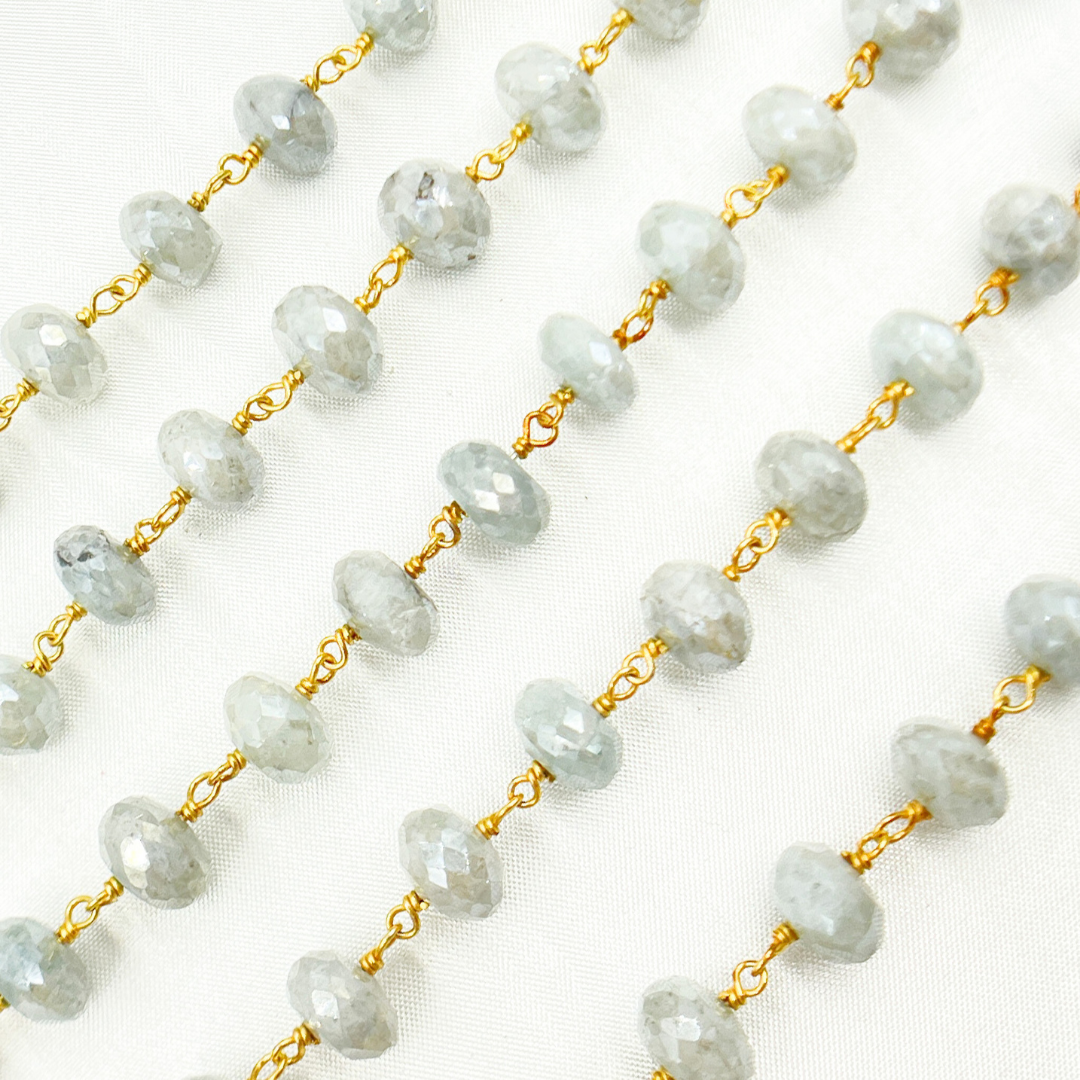 Coated Milky Aquamarine Faceted Rondel Gold Plated Wire Chain. AQU20
