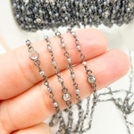 Load image into Gallery viewer, Coated Gray Moonstone & Round CZ Wire Wrap Chain made with Black Rhodium 925 Sterling Silver. CMS55