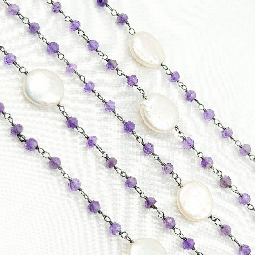Amethyst & Pearl Round Shape Bezel Oxidized Wire Chain. AME33