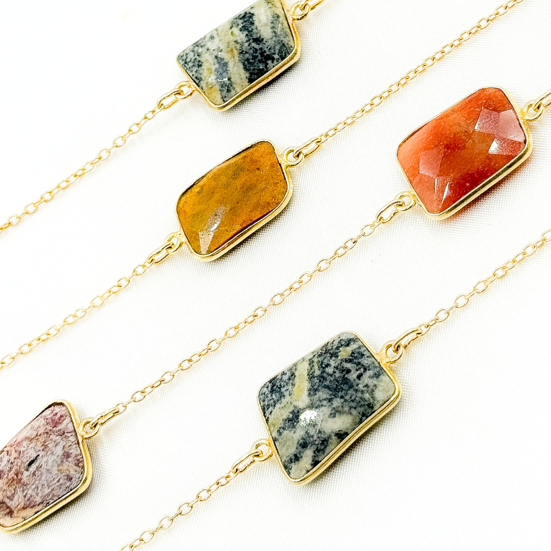 Multi Agate Rectangular Shape Bezel Gold Plated Connected Wire Chain. MAG2