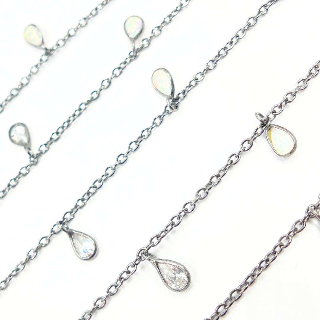 Created White Opal + CZ Pear Shape Dangle Chain. CWO14