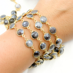 Load image into Gallery viewer, Coated Grey Moonstone Round Shape Bezel Gold Plated Wire Chain. CMS23