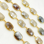 Load image into Gallery viewer, Coated Grey Moonstone Rectangular Shape Bezel Gold Plated Silver Wire Chain. CMS27