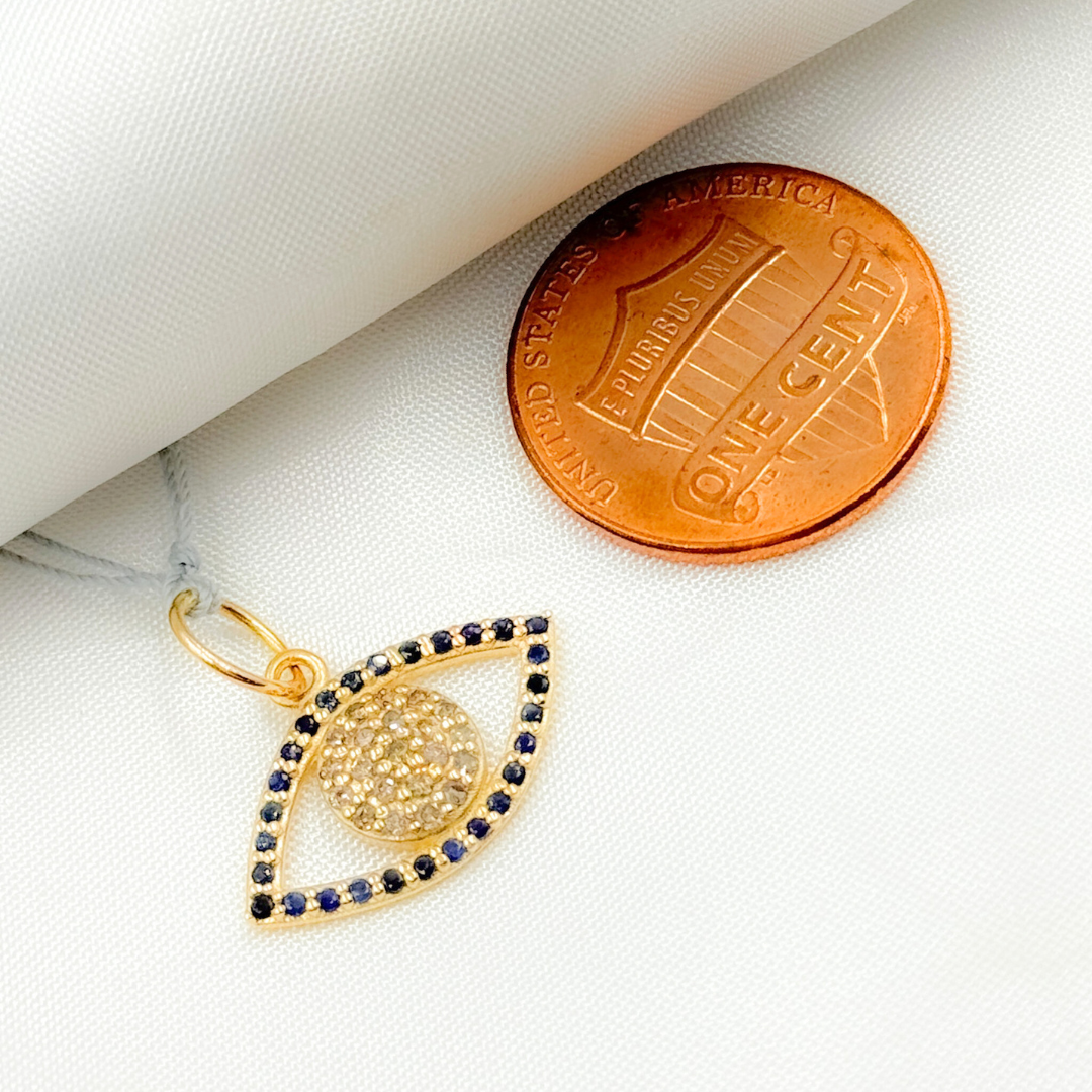 14K Gold Charm Evil Eye Pendant with Diamonds & Gemstone. GDP510