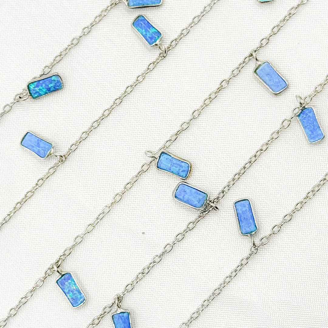 Created Blue Opal Rectangular Shape Dangle Chain. CBO6