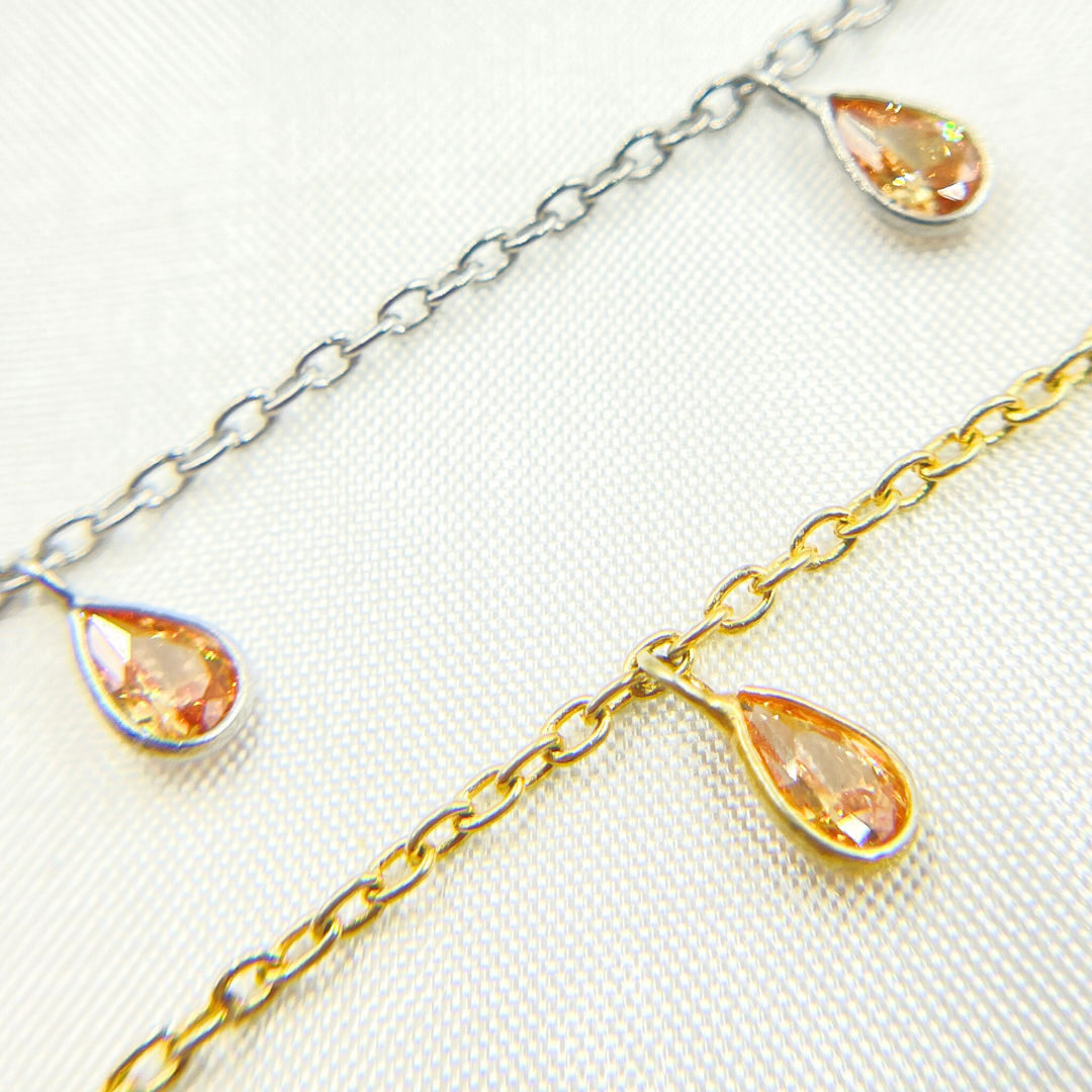 Peach Color Cubic Zirconia Pear Shape Dangle Chain. CZ59