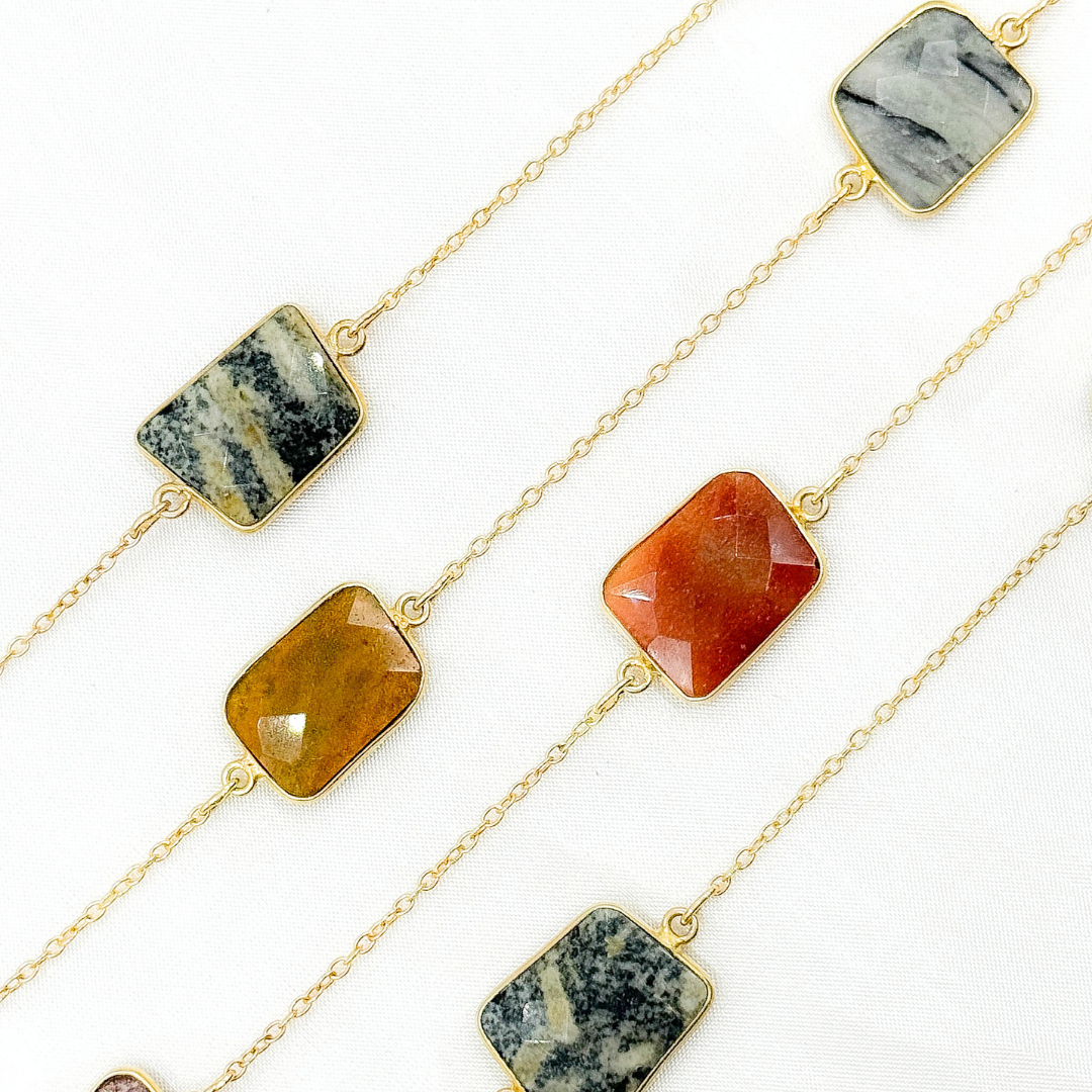 Multi Agate Rectangular Shape Bezel Gold Plated Connected Wire Chain. MAG2