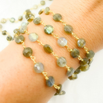 Load image into Gallery viewer, Labradorite Coin Shape Gold Plated Wire Chain. LAB82