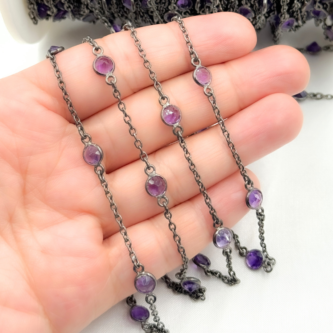Amethyst Round Shape Bezel Oxidized Connected Wire Chain. AME6