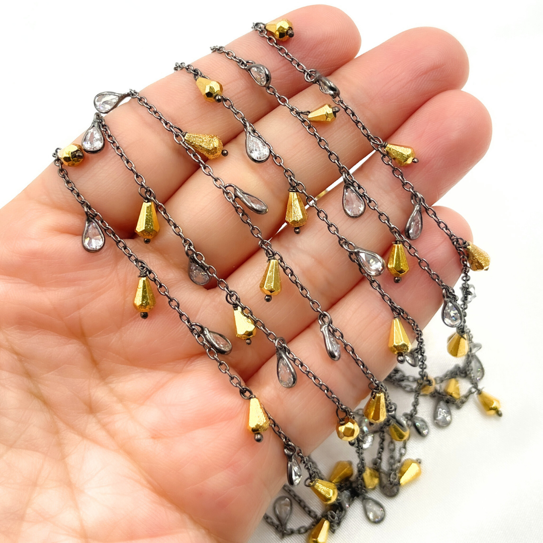 Golden Pyrite Drop & CZ Pear Shape Dangle Oxidized Wire Chain. PYR31