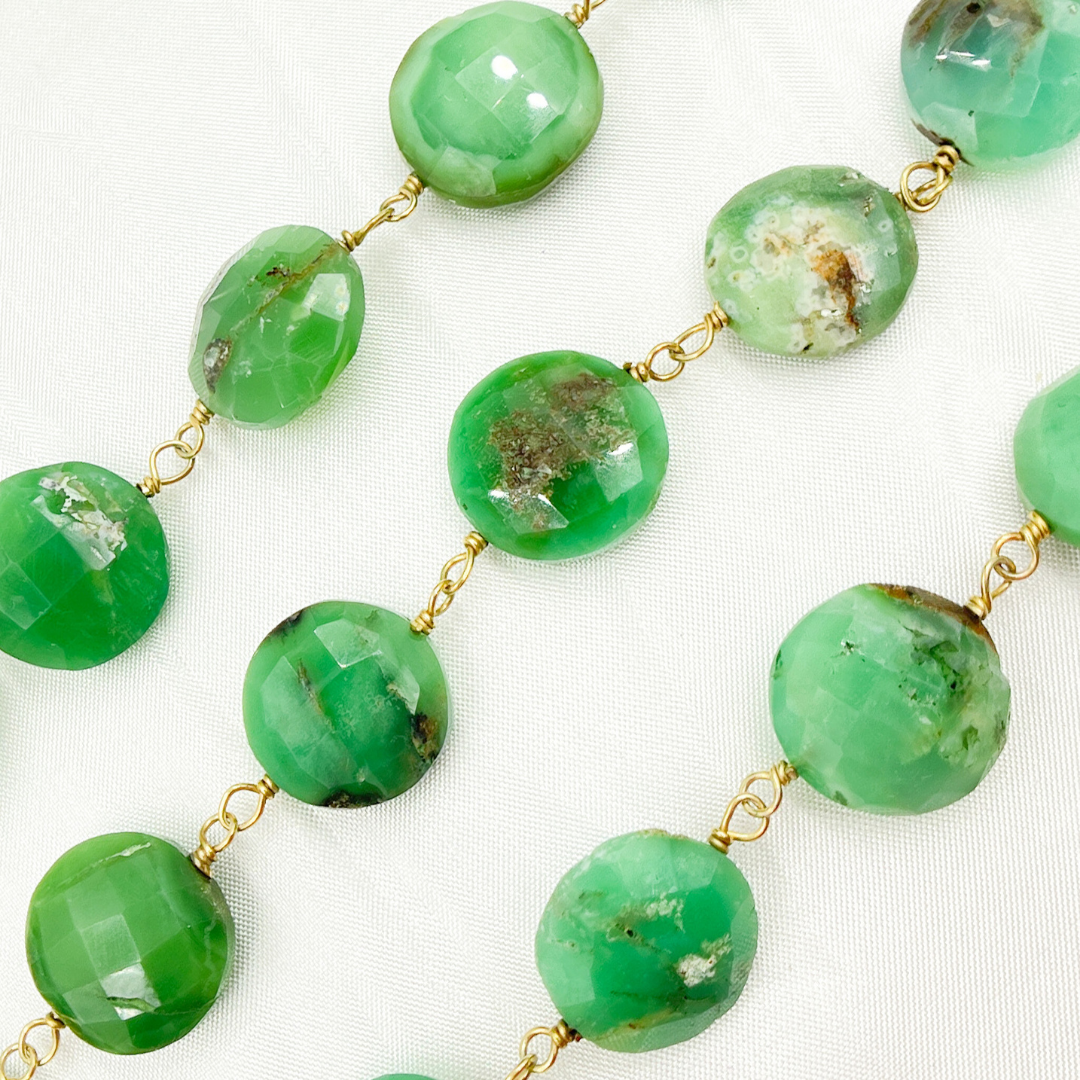Chrysoprase Coin Shape Gold Plated Wire Chain. CHR11