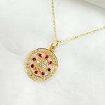 Load image into Gallery viewer, 14K Solid Gold Circle Pendant with Diamonds & Ruby or Blue Sapphire Stone. GDP362