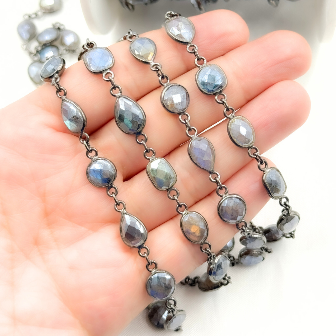 Coated Labradorite Pear & Round Shape Bezel Oxidized Wire Chain. CLB73