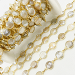 Load image into Gallery viewer, Coated White Moonstone Round Shape Bezel Gold Plated Silver Wire Chain. CMS18