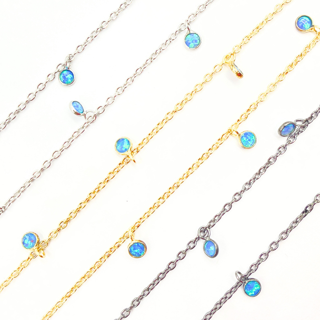 Created Blue Opal Round Shape Dangle Chain. CBO4