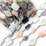 Load image into Gallery viewer, Multi Moonstone Organic Shape Bezel Oxidized Silver Wire Chain.