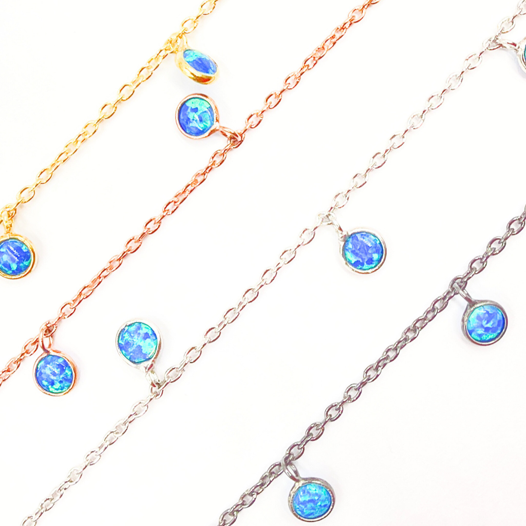 Created Blue Opal Round Shape Dangle Chain. CBO1